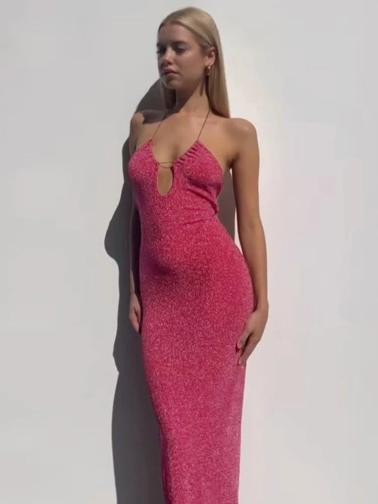 Cut Out Corsets Cami Formal Dress Women Elegant Barbie Pink Bright Silk Halter Backless Clubwear Dresses