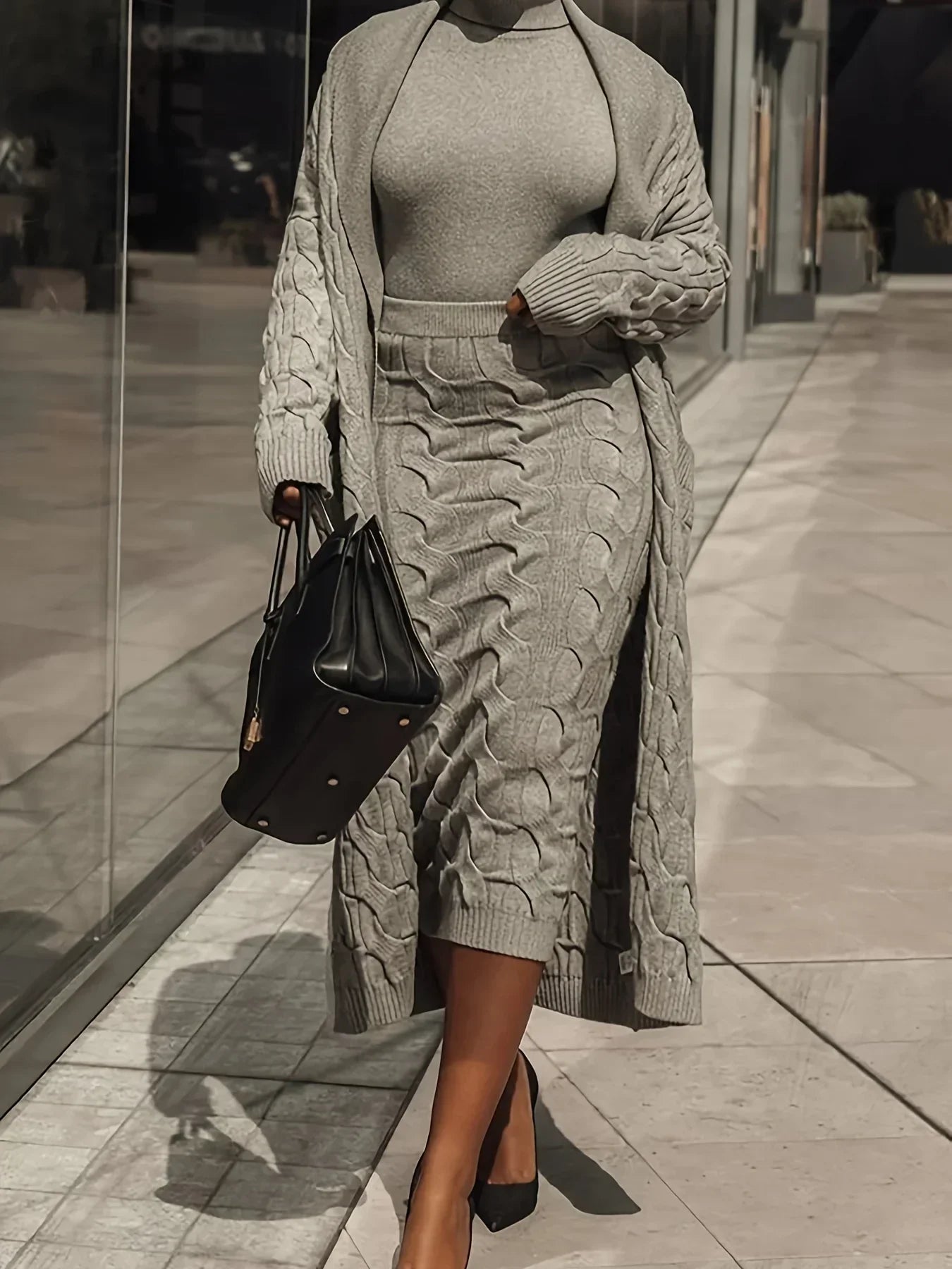 Winter Chic Three-Piece Knit Set Women Open Front Pocketed Cardigan Sleek Turtleneck Sweater With High-Waist Skirt Perfect