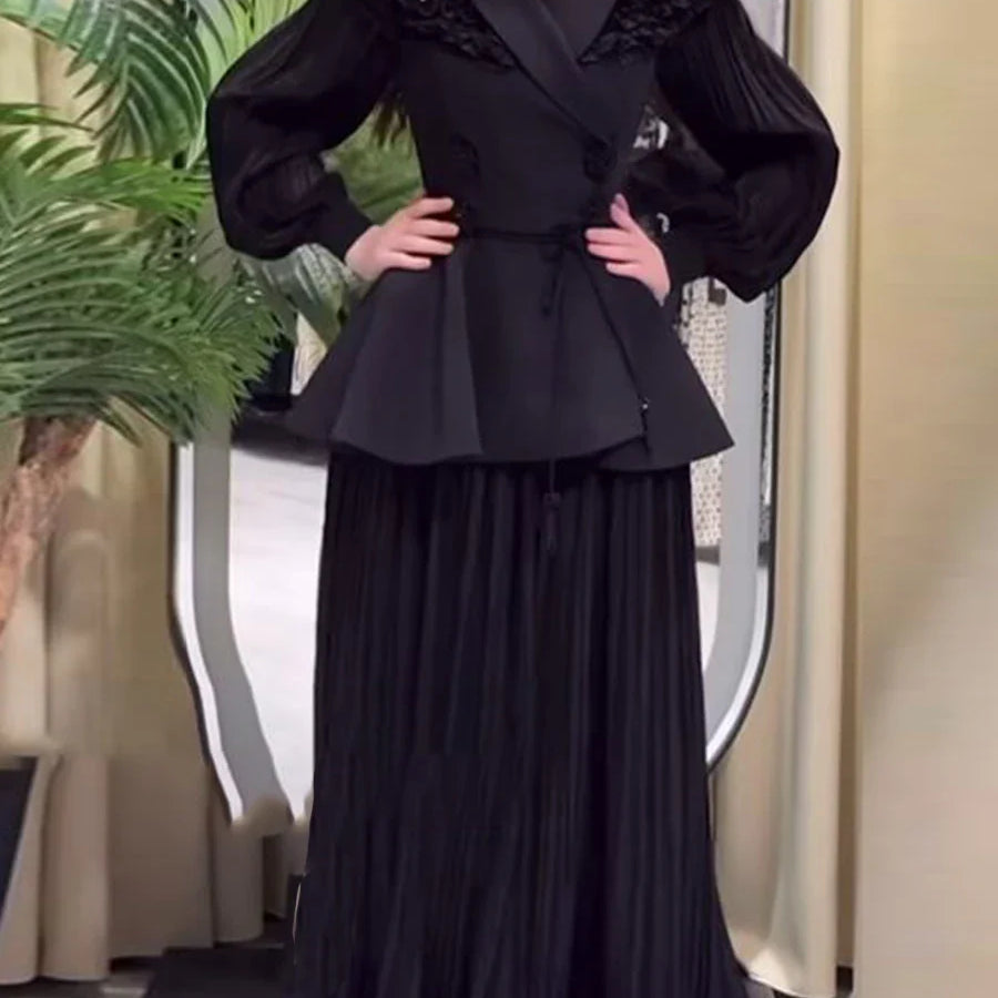 Slimming Two Piece Sets for Women Lapel Long Sleeves Spliced Double Bteasted Top Patchwork Mesh Skirt Female New