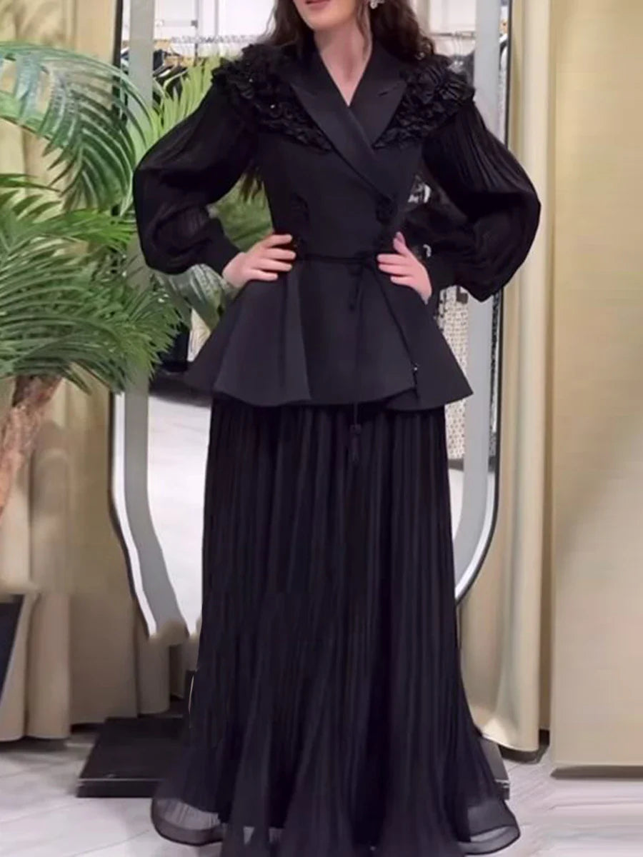 Slimming Two Piece Sets for Women Lapel Long Sleeves Spliced Double Bteasted Top Patchwork Mesh Skirt Female New