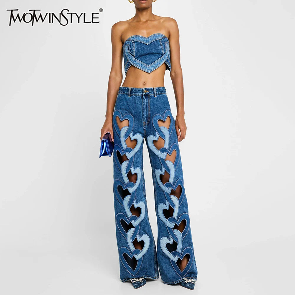 Soild Two Piece Sets for Women Straplelss Sleeveless Vest High Wiast Patchwork Hollow Out Jeans Elegant Set Female
