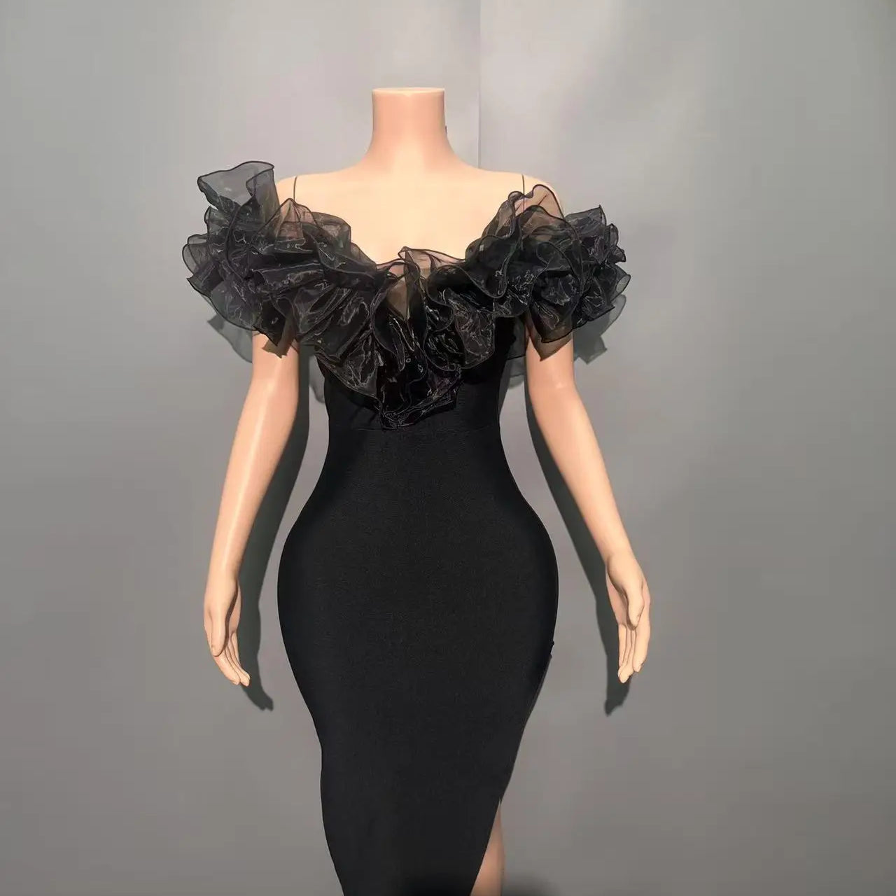 Women Slash Neck Ruffles Bodycon Bandage Mid-calf Dress Celebrate Nightclub Party Birthday Outfit Wholesale