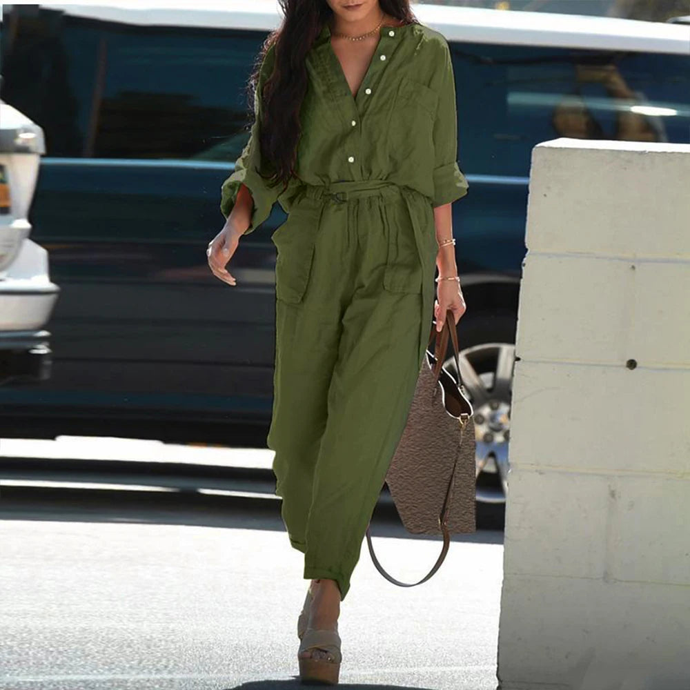 Autumn New Women Jumpsuit Casual Long-sleeve Cotton And Linen Pockets Elastic Jumpsuit+Belt 2PCS Set Solid Retro One-piece Pants Green