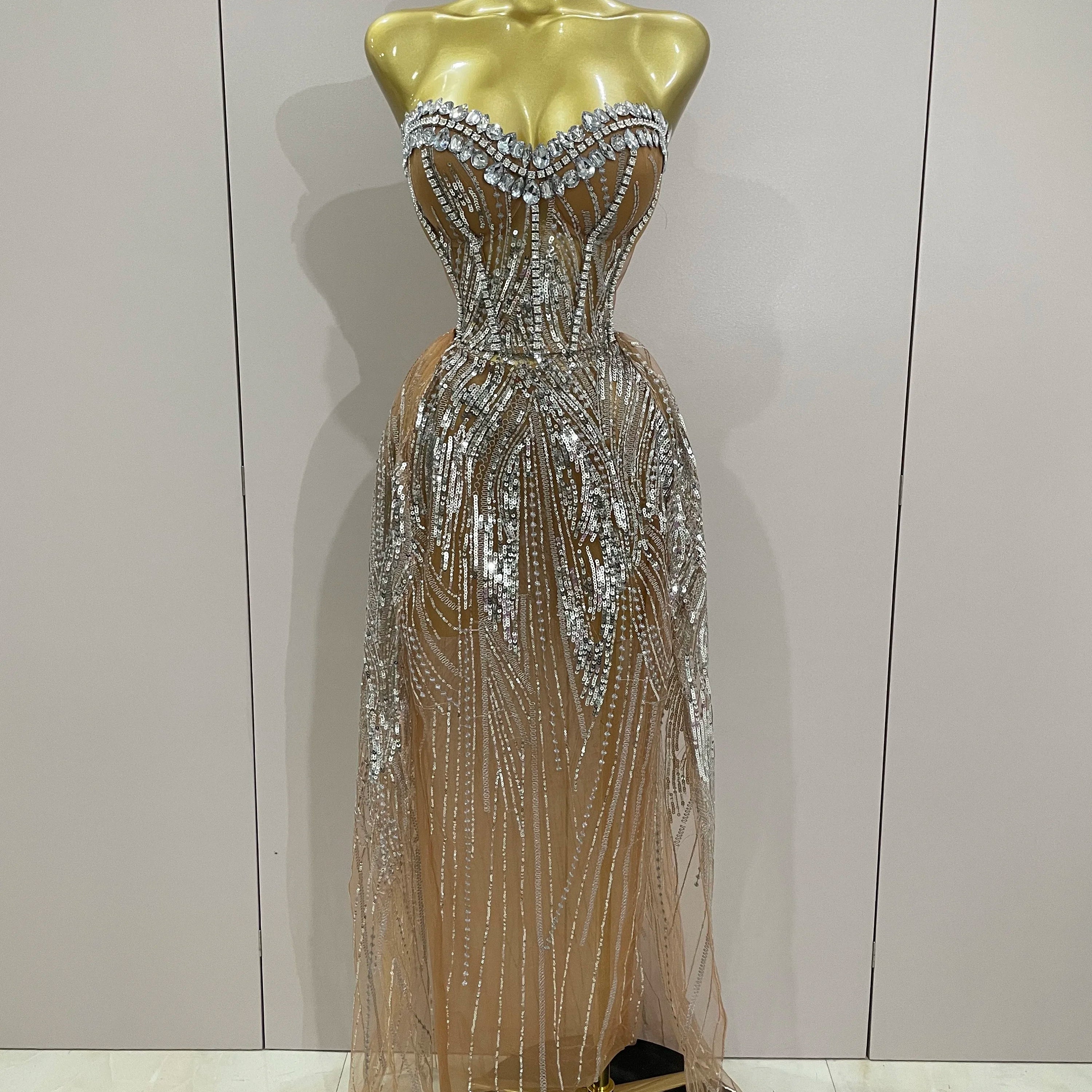 2025 Sparkly Rhinestone Sequins Sexy Strapless See-Through Long Dress Women Evening Birthday Party Dress Nightclub Stage Costume