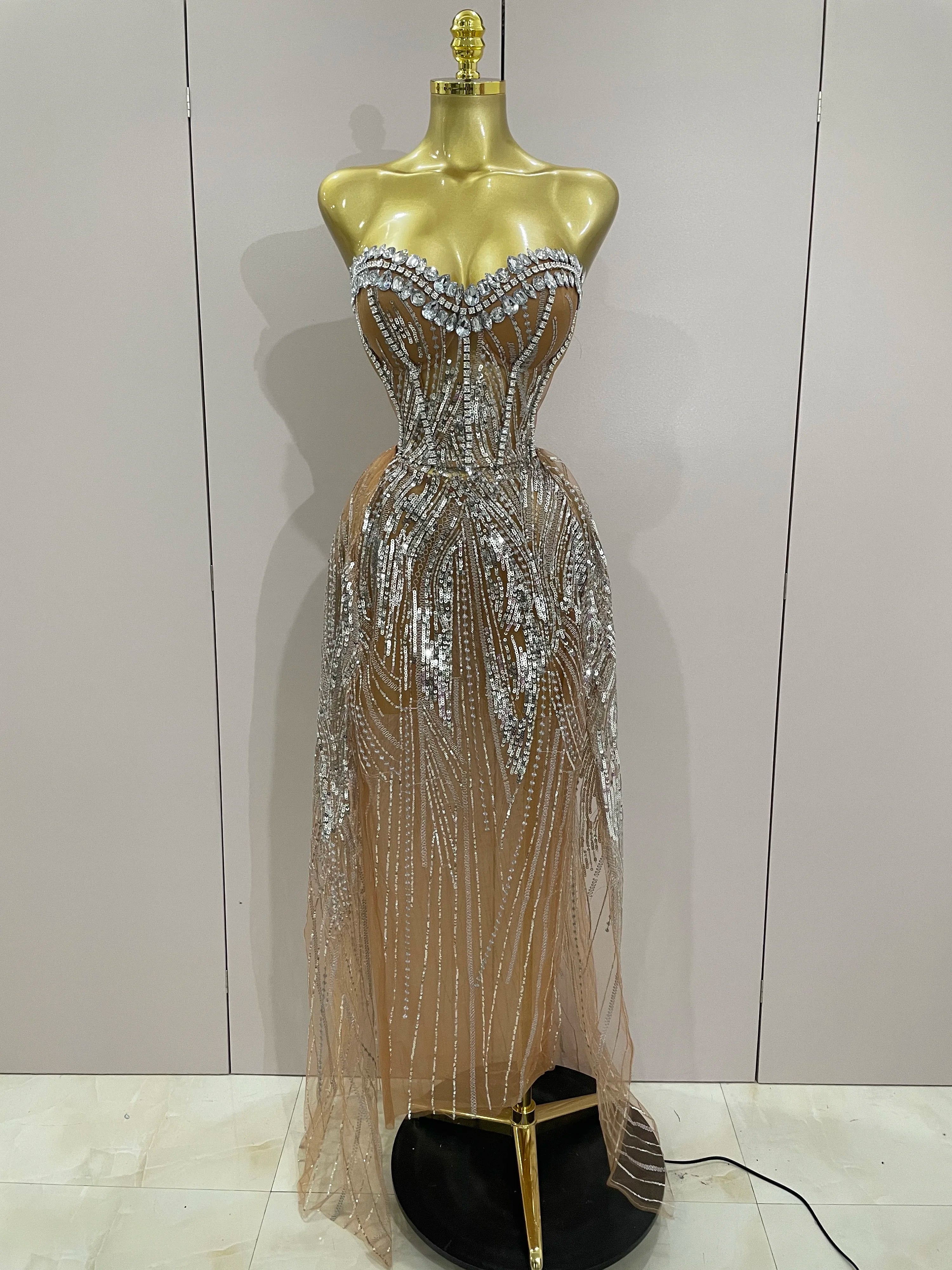 2025 Sparkly Rhinestone Sequins Sexy Strapless See-Through Long Dress Women Evening Birthday Party Dress Nightclub Stage Costume