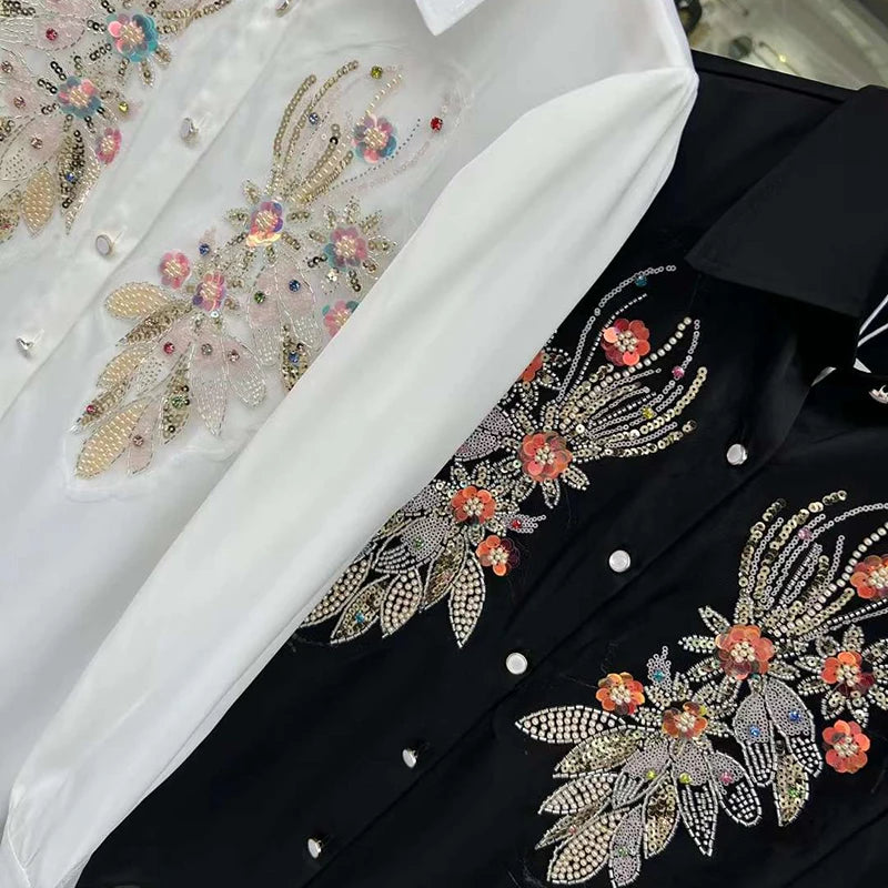 Beading Sequined White Satin Blouse for Womens Elegant Long Sleeve Korean Style Loose Shirt Tops Casual Daily Office Lady