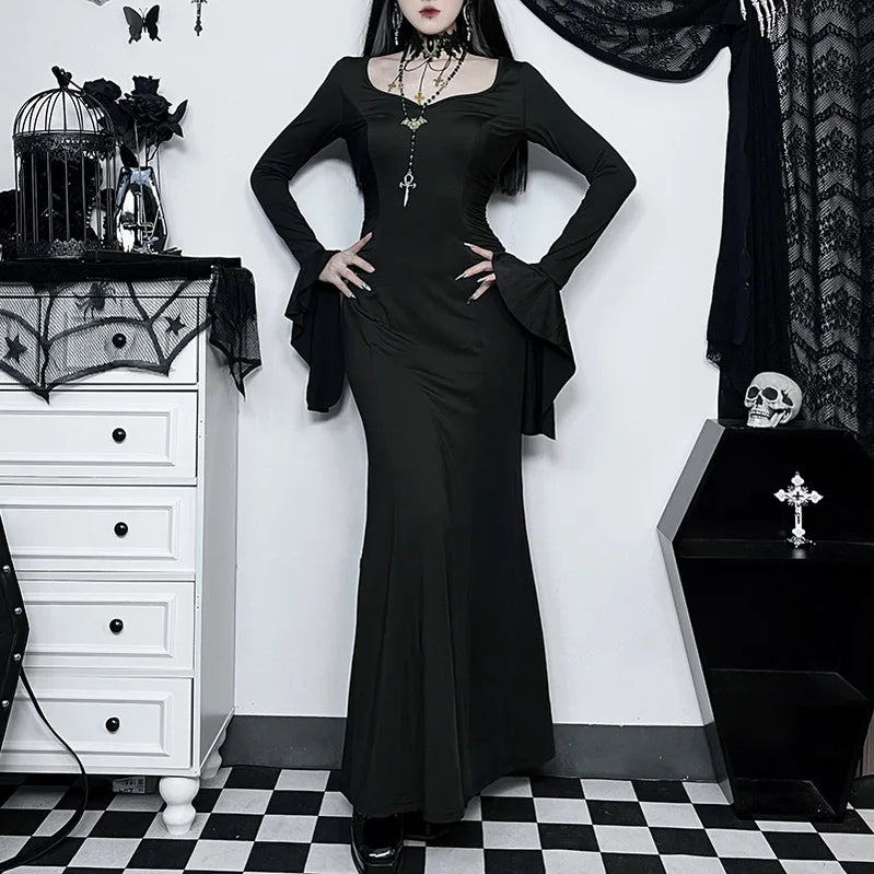 Halloween Cos Morticia Elegant Gothic Dress for Women Adams Family Inspired Wednesday Slim Summer Mermaid