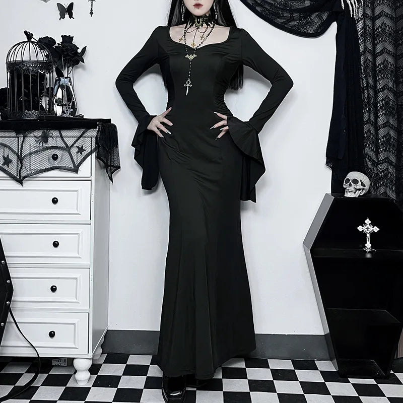 Halloween Cos Morticia Elegant Gothic Dress for Women Adams Family Inspired Wednesday Slim Summer Mermaid