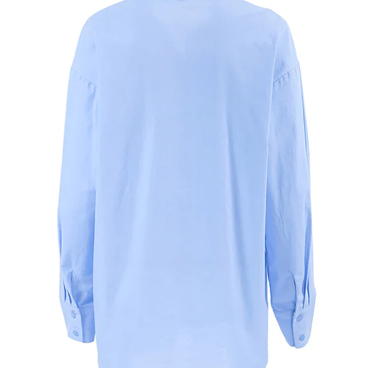 OOTN Blue Elegant Women's Cotton Linen Shirts Autumn Turn Down Collar Button Blouses And Tops Office Ladies Long Sleeves