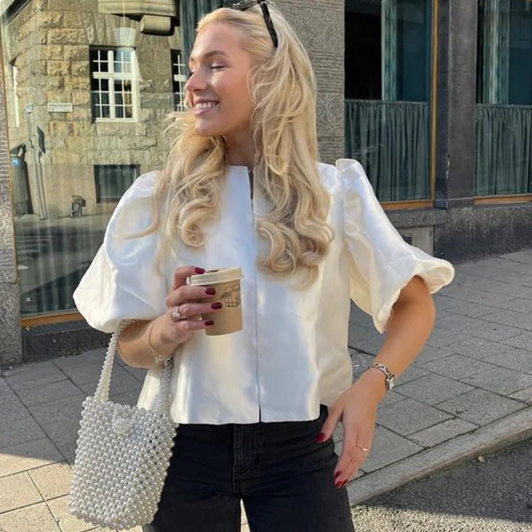 Elegant Satin Ruffle Shirt for Women Lantern Short Sleeve Loose O-neck Female Top Spring Summer Fashion Lady Streetwear