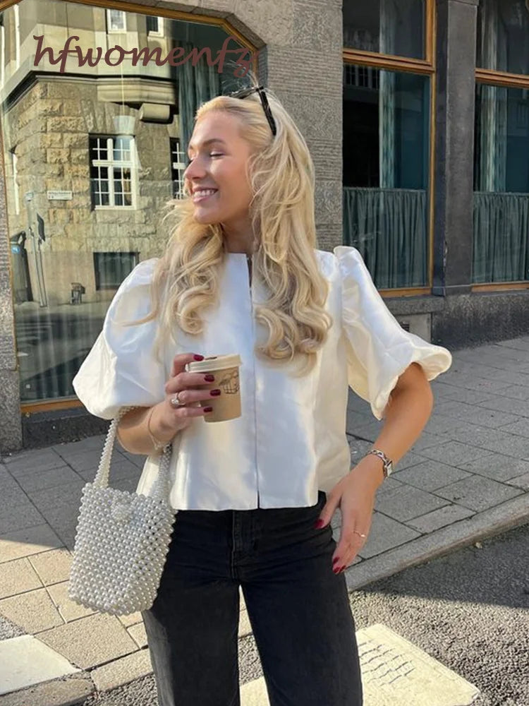 Elegant Satin Ruffle Shirt for Women Lantern Short Sleeve Loose O-neck Female Top Spring Summer Fashion Lady Streetwear