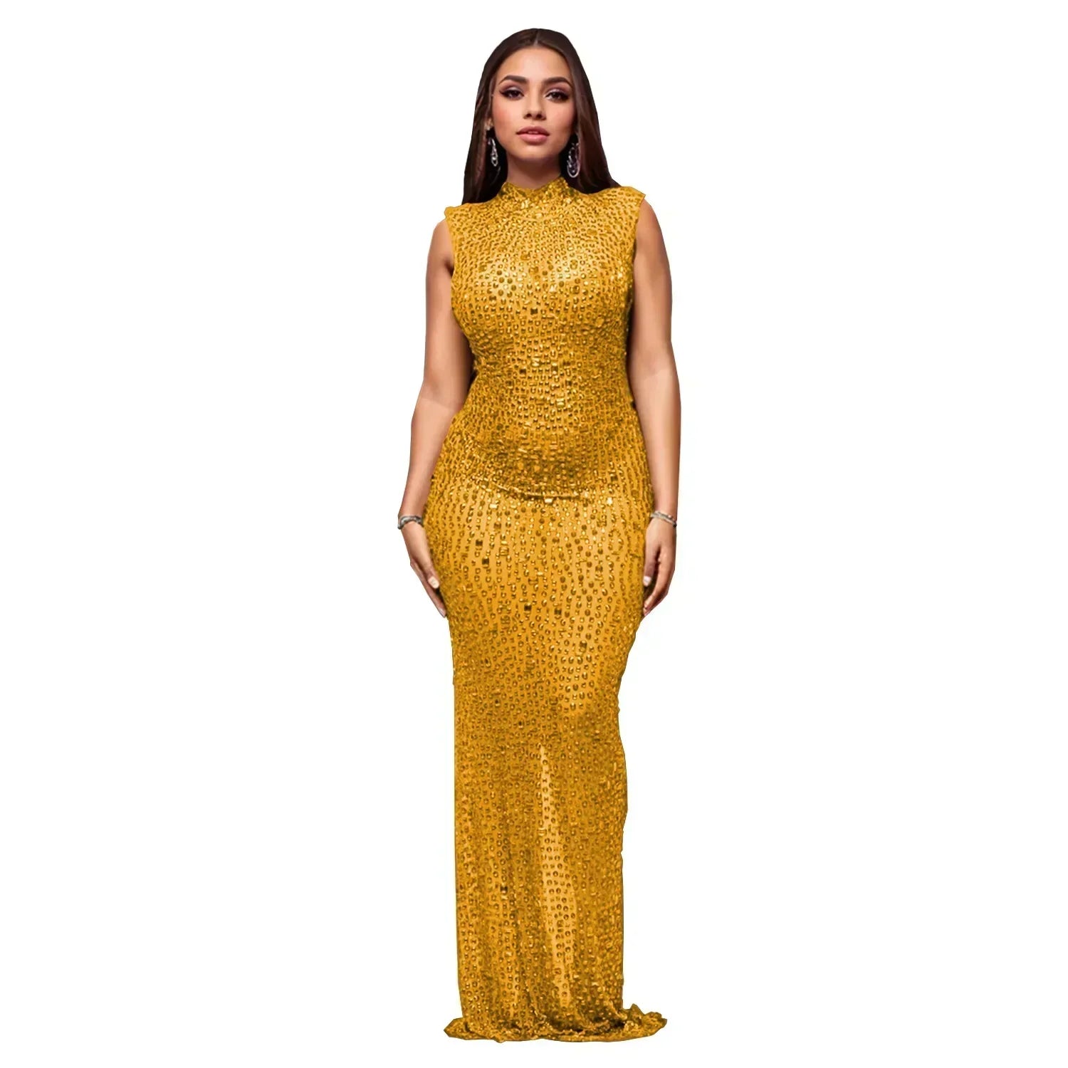 CM.YAYA 2024 Fall Diamonds Hot Rhinestones O-neck Women Sleeveless Bodycon Long Dress Birthday Party Evening Prom Maxi Dresses Gold brown
