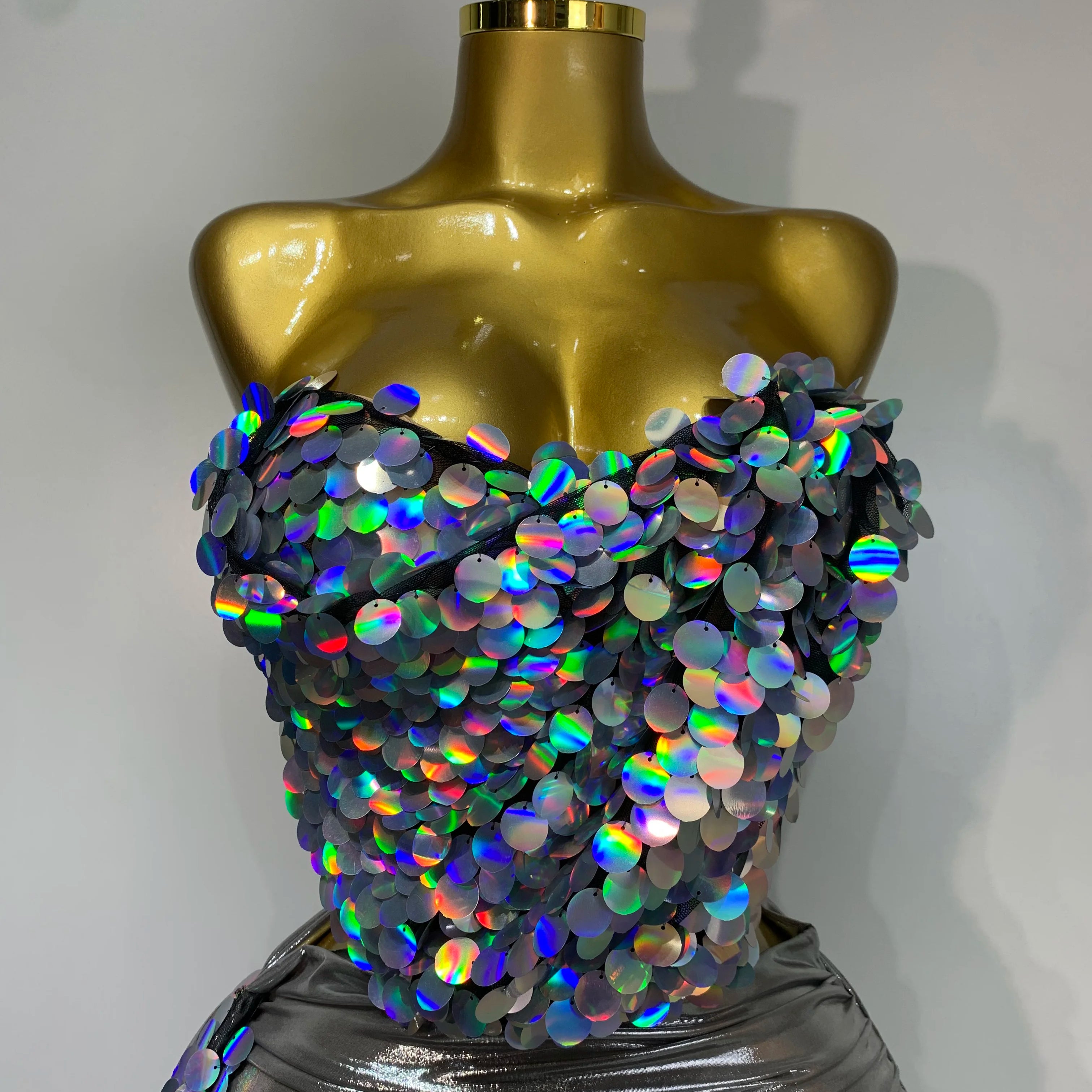 Women Sexy Strapless Sequin Glitter Two Pieces Set Celebirty Elegant Luxury Birthday Evening Party Nightclub Singer Stage Outfit