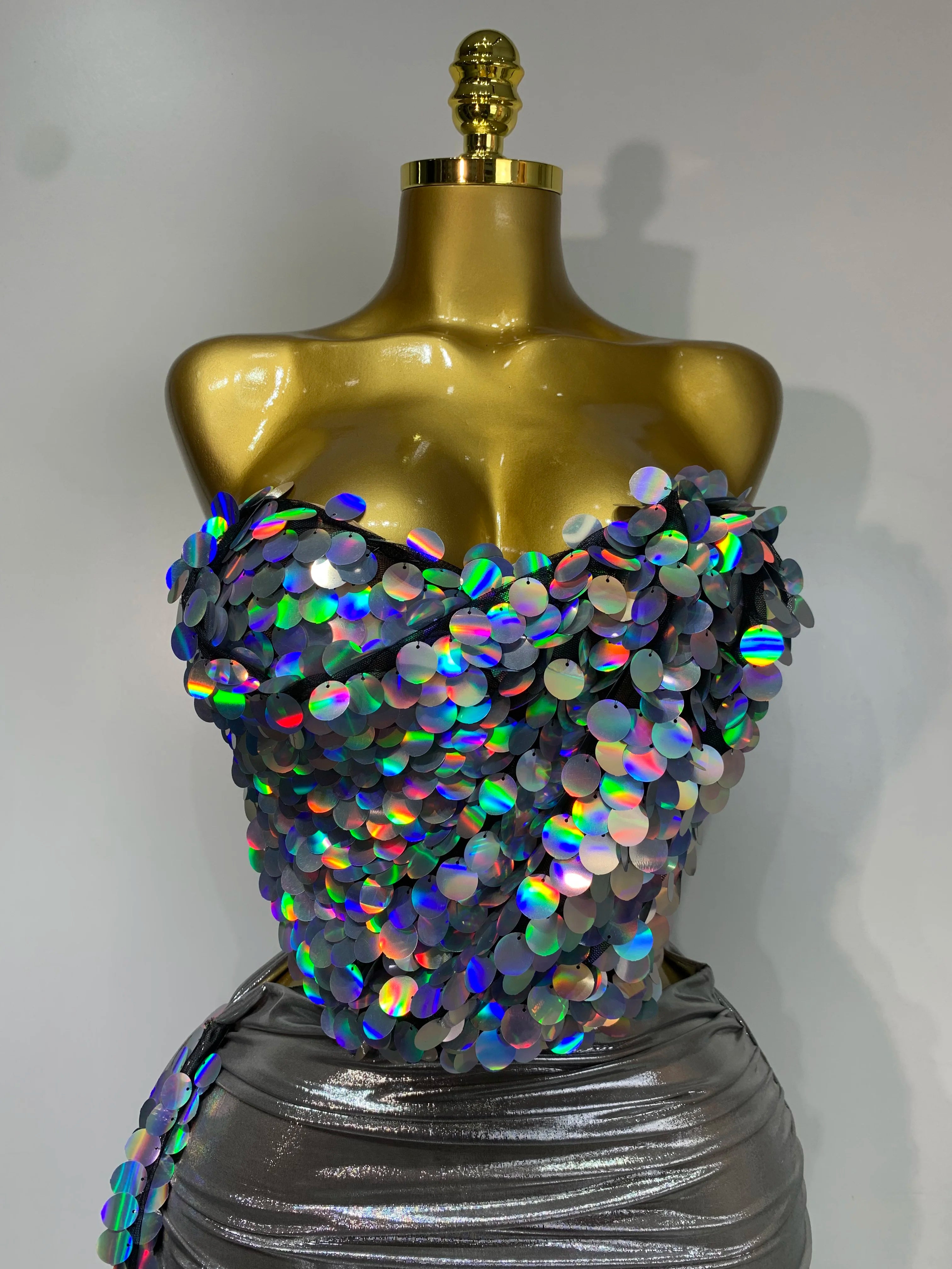 Women Sexy Strapless Sequin Glitter Two Pieces Set Celebirty Elegant Luxury Birthday Evening Party Nightclub Singer Stage Outfit