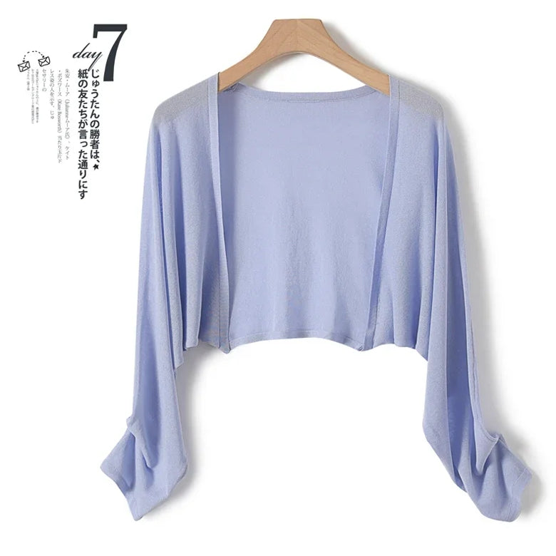 Ice Silk Sun Protection Cover Ups Women Long Sleeve Knitted Shawl Thin Summer Relax Cardigan Cape Outerwear Shirt Loose Freesize Lavender One Size