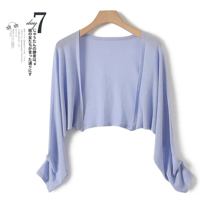Ice Silk Sun Protection Cover Ups Women Long Sleeve Knitted Shawl Thin Summer Relax Cardigan Cape Outerwear Shirt Loose Freesize Lavender One Size