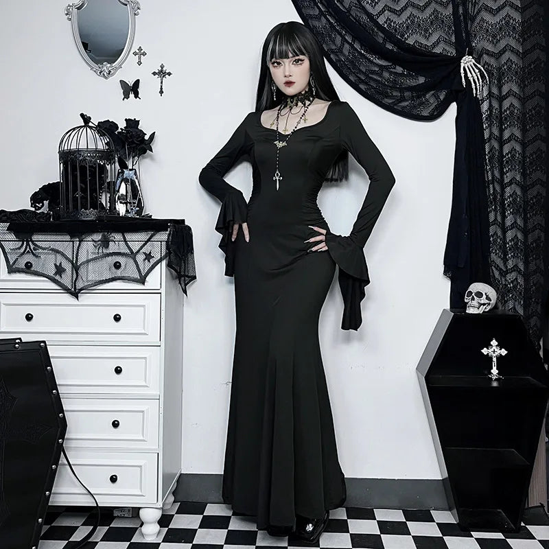 Halloween Cos Morticia Elegant Gothic Dress for Women Adams Family Inspired Wednesday Slim Summer Mermaid