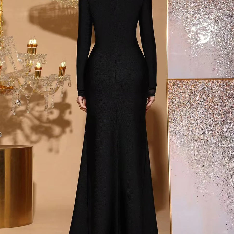 TWOTWINSTYLE Solid Slimming Spliced Diamonds Dresses for Women Round Neck Long Sleeves Patchwork Mesh Dress Female Clothing New