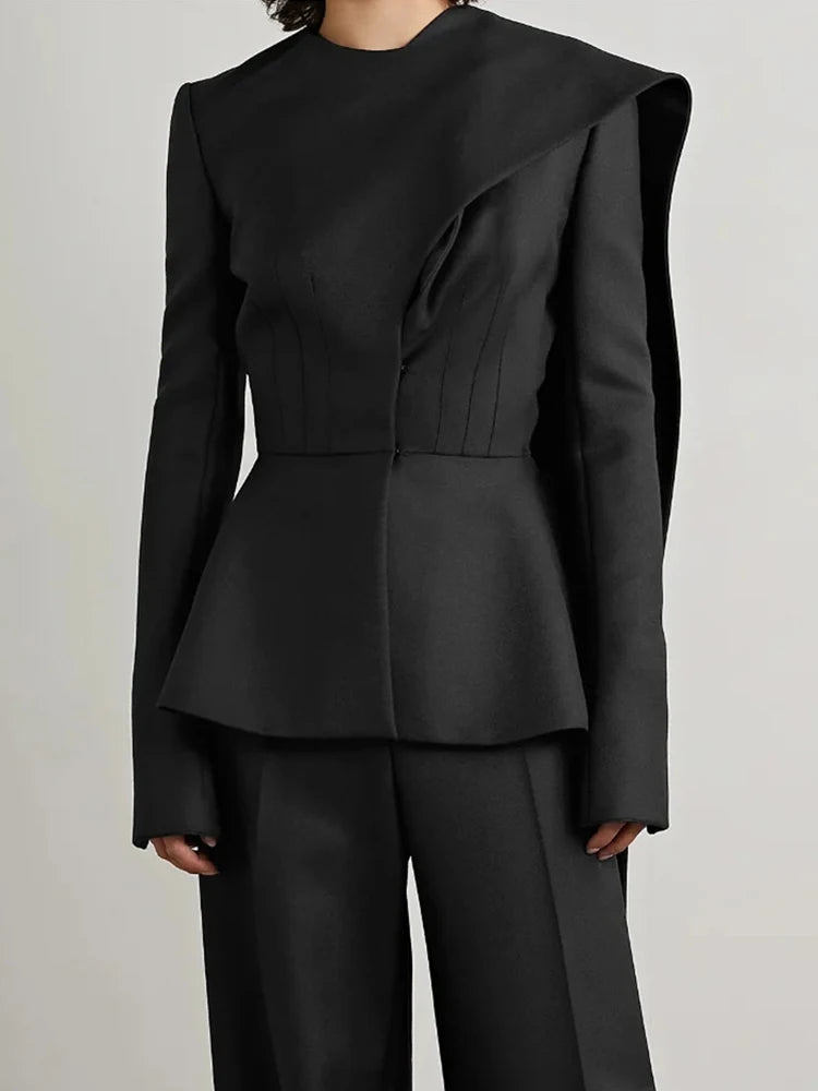 TWOTWINSTYLE Solid Asymmetrical Blazers For Women Round Neck Long Sleeve Tunic Minimalist Blazer Female Fashion Style Clothes