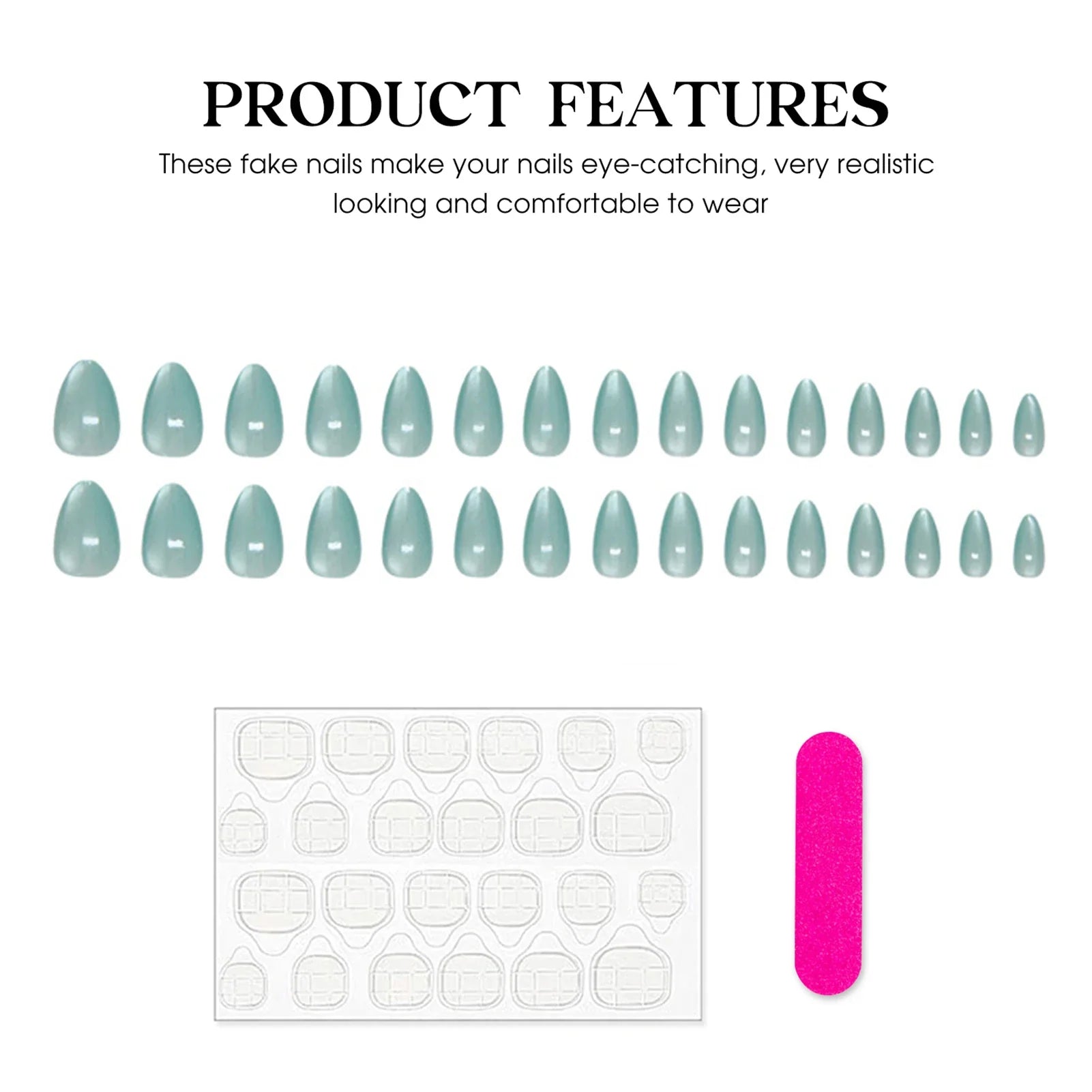 30Pcs Light Green Almond Fake Nails Glossy Cat's Eyes Designs Reusable Press On Nails Solid Color Wearable False Nails Patches