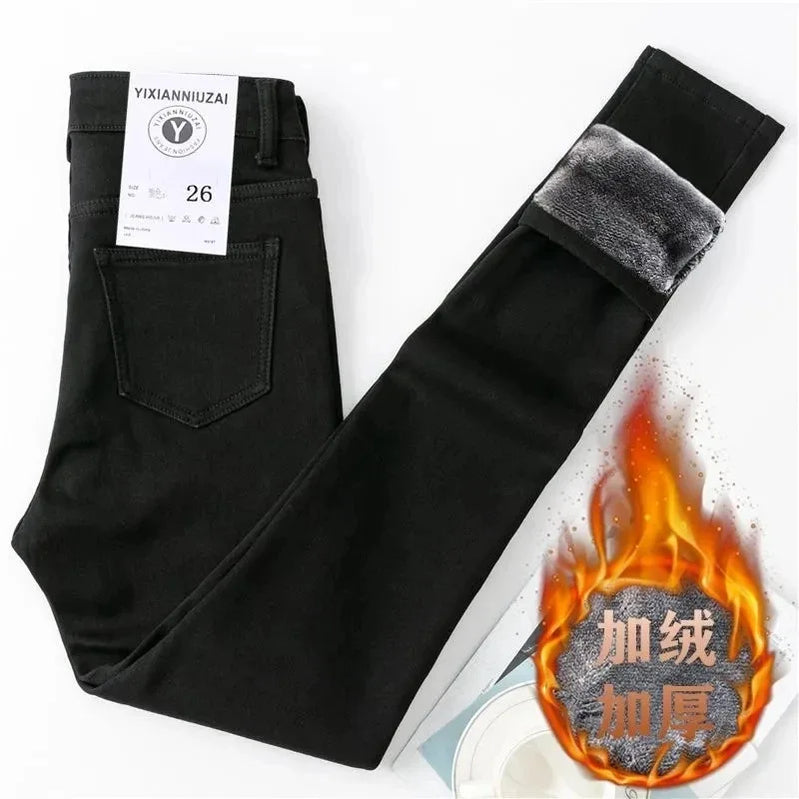 Skinny Velvet Lined Pencil Jeans High Waist Thicken Warm Denim Pants Winter Women Stretch Pantalones Skinny Casual Vaqueros New B