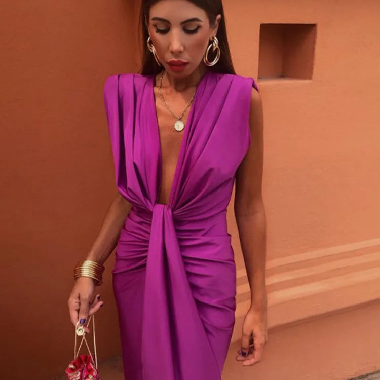 Sexy Deep V Neck Flods Split Dress Women Elegant Solid Sleeveless Midi Vestidos Summer New Ladies Evening Party Robes Fuchsia
