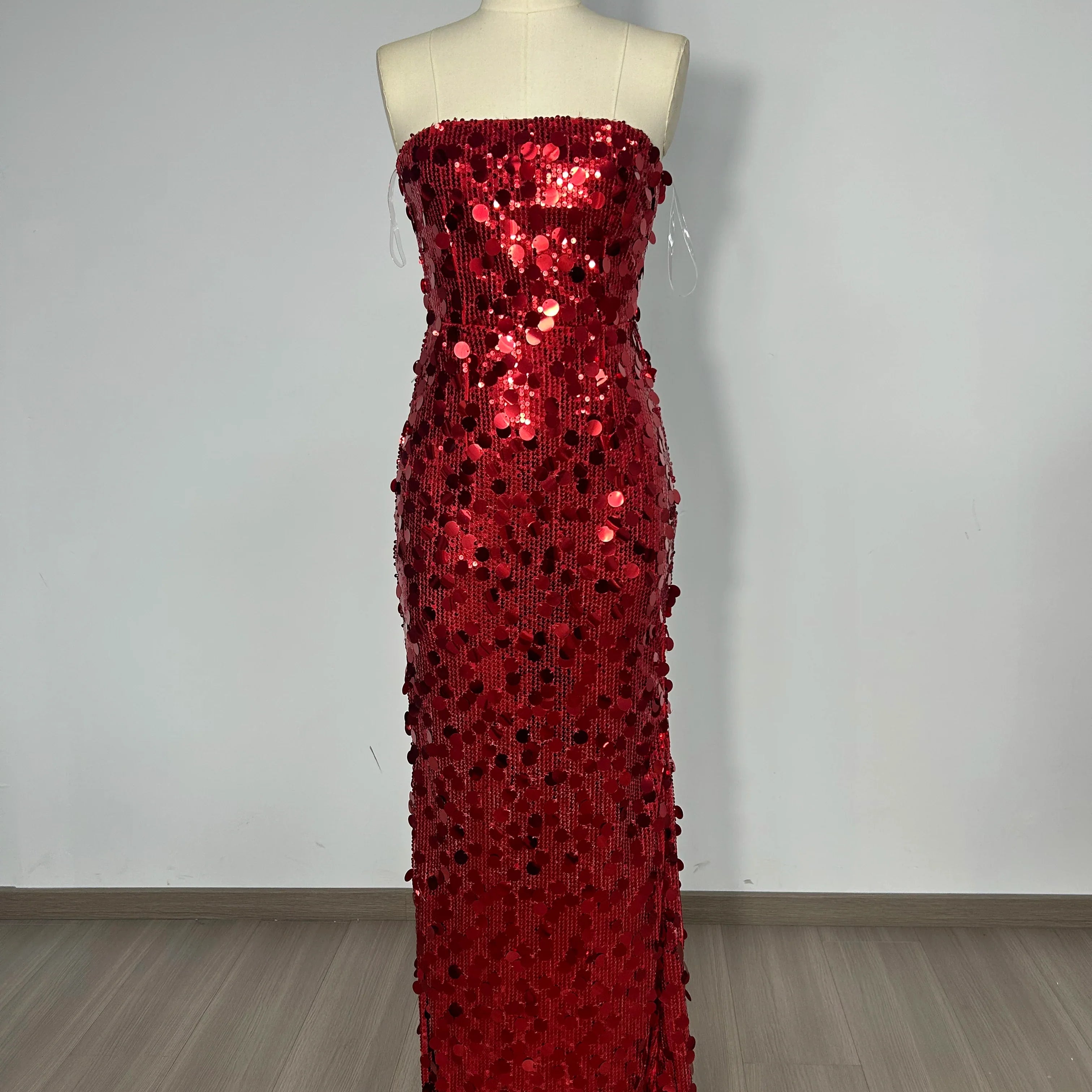 Christmas Style Women Shinning Red Sequins Strapless Bodycon Long Dress Celebrate Birthday Party Nightclub Outfit Vestido
