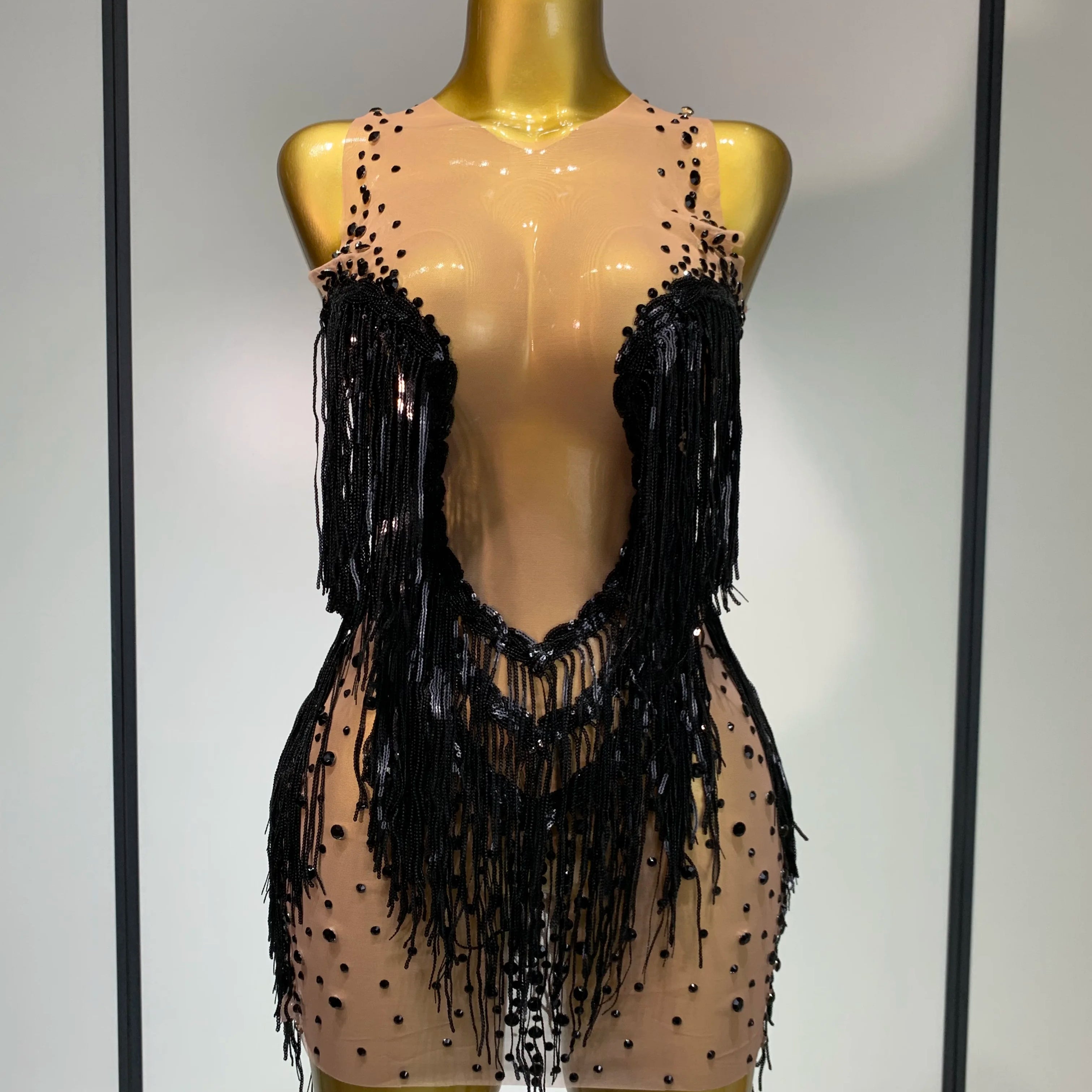 High Quality Rhinestones Tassels Mini Dress Suit Luxury Women Sexy See Through Mesh Party Club Dresses Performance Stage Outfit