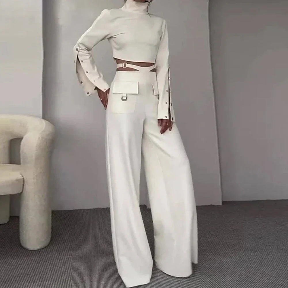 Streetwear Two Piece Set For Women Stand Collar Long Sleeve Top High Waist Pant Wide Leg Pant Chic Sets Female New