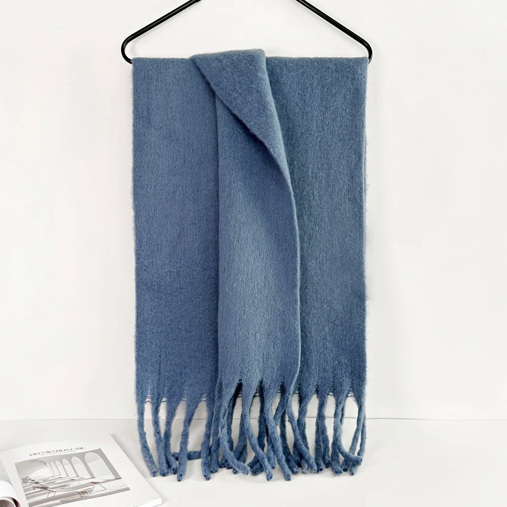 Winter Warm Scarf Women Girl Fashion Solid Color Shawl Stole Faux Cashmere Bandana for Lady 210*40cm Gray Blue