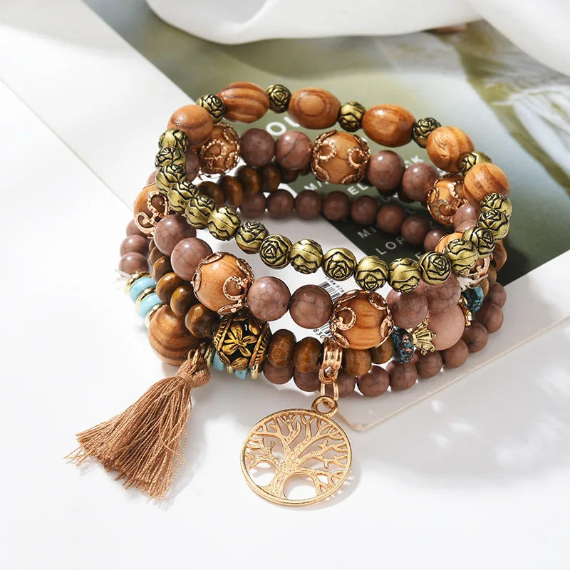 Bohemian Bracelet Creative Ladies Tree of Life Jewelry Tassel Multi-layer Wooden Beaded Ethnic Style Fashion Women Bracelets YA7314-5