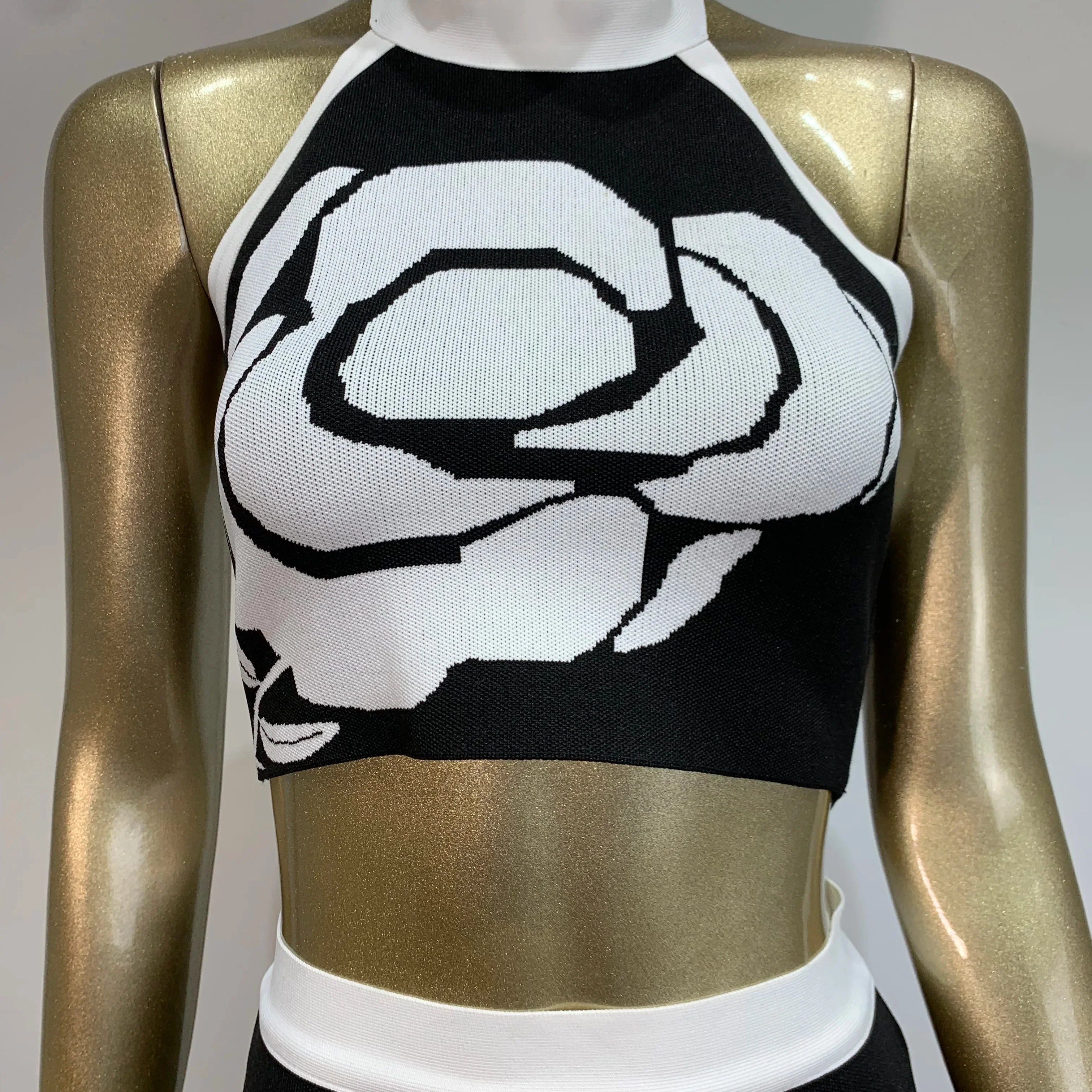 Women Summer Sexy Backless Halter Rose Jacquard Black Two Pieces Skirt Bandage Set Celebrity Designer Fashion Women's Set