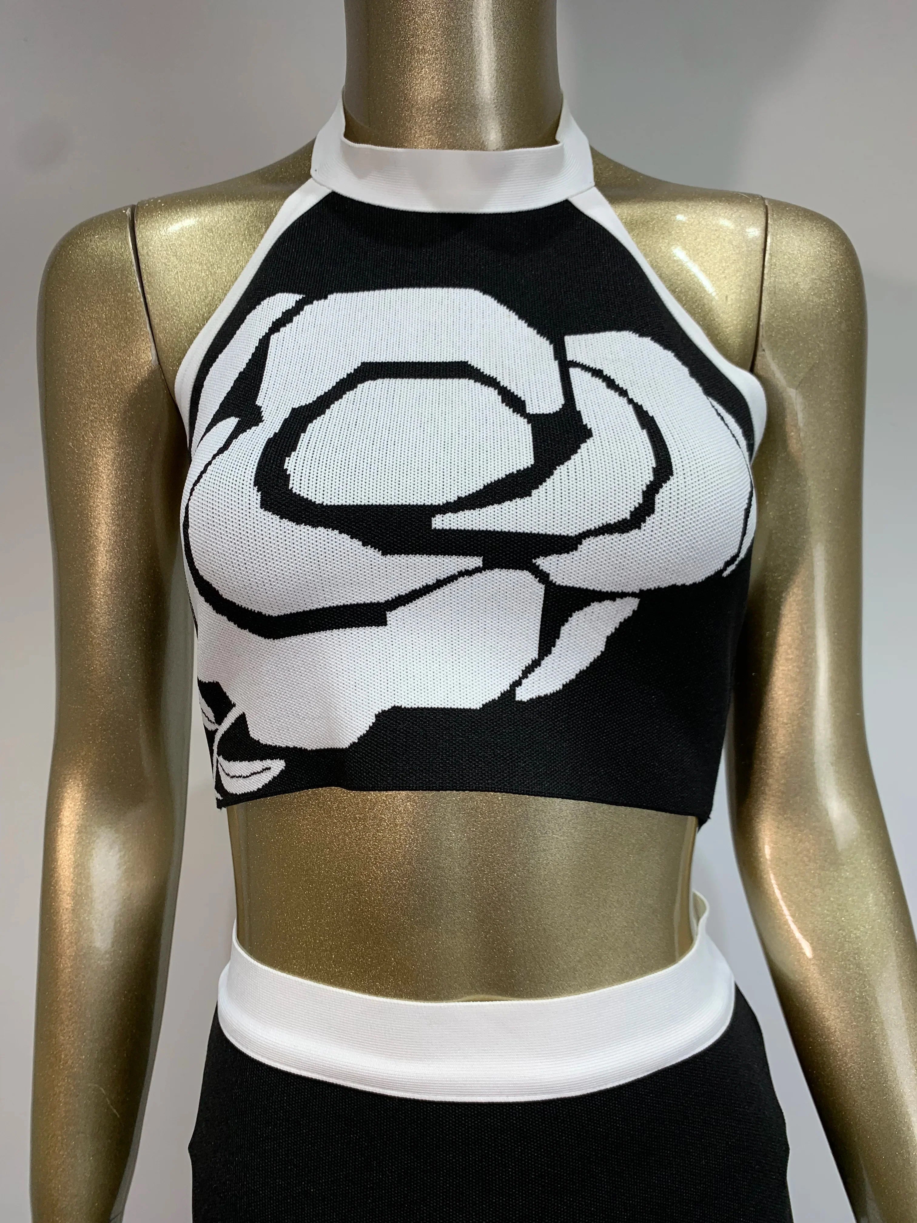 Women Summer Sexy Backless Halter Rose Jacquard Black Two Pieces Skirt Bandage Set Celebrity Designer Fashion Women's Set