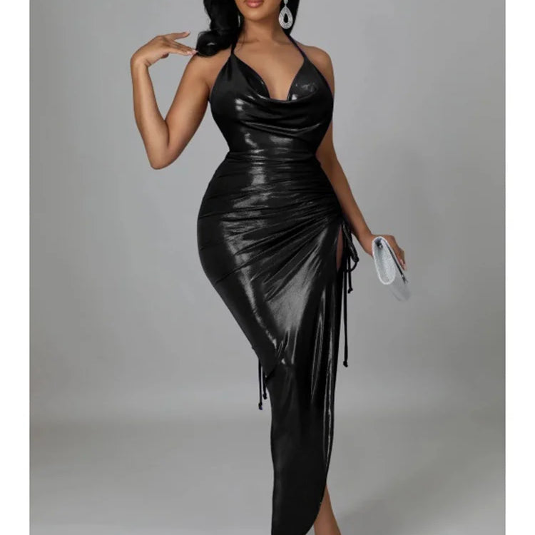 Wmstar Party Dresses Women Christmas Slip Draped V Neck Sexy Luxury Elegant Maxi Dress Birthday Outfits Wholesale Dropshipping Black