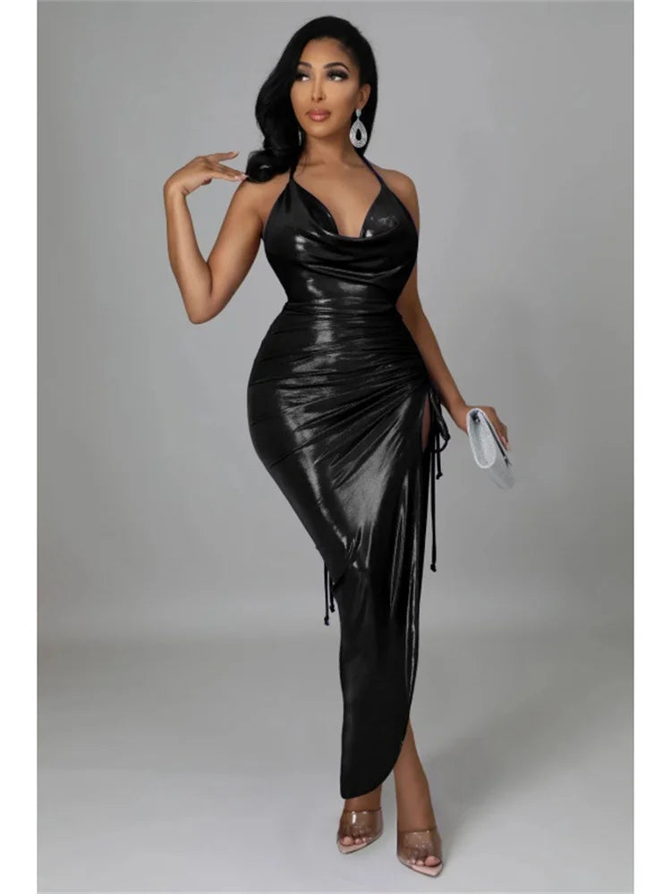 Wmstar Party Dresses Women Christmas Slip Draped V Neck Sexy Luxury Elegant Maxi Dress Birthday Outfits Wholesale Dropshipping Black