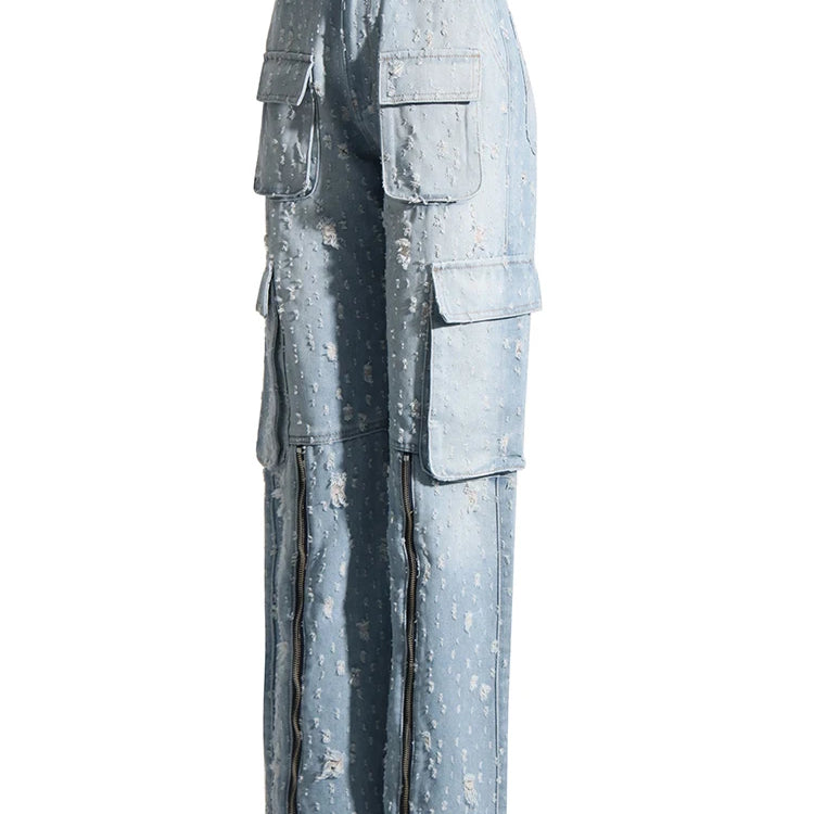 Solid Patchwork Pockets Casual Denim Trousers For Women High Waist Spliced Zipper Streetwear Wide Leg Jeans Female Fashion