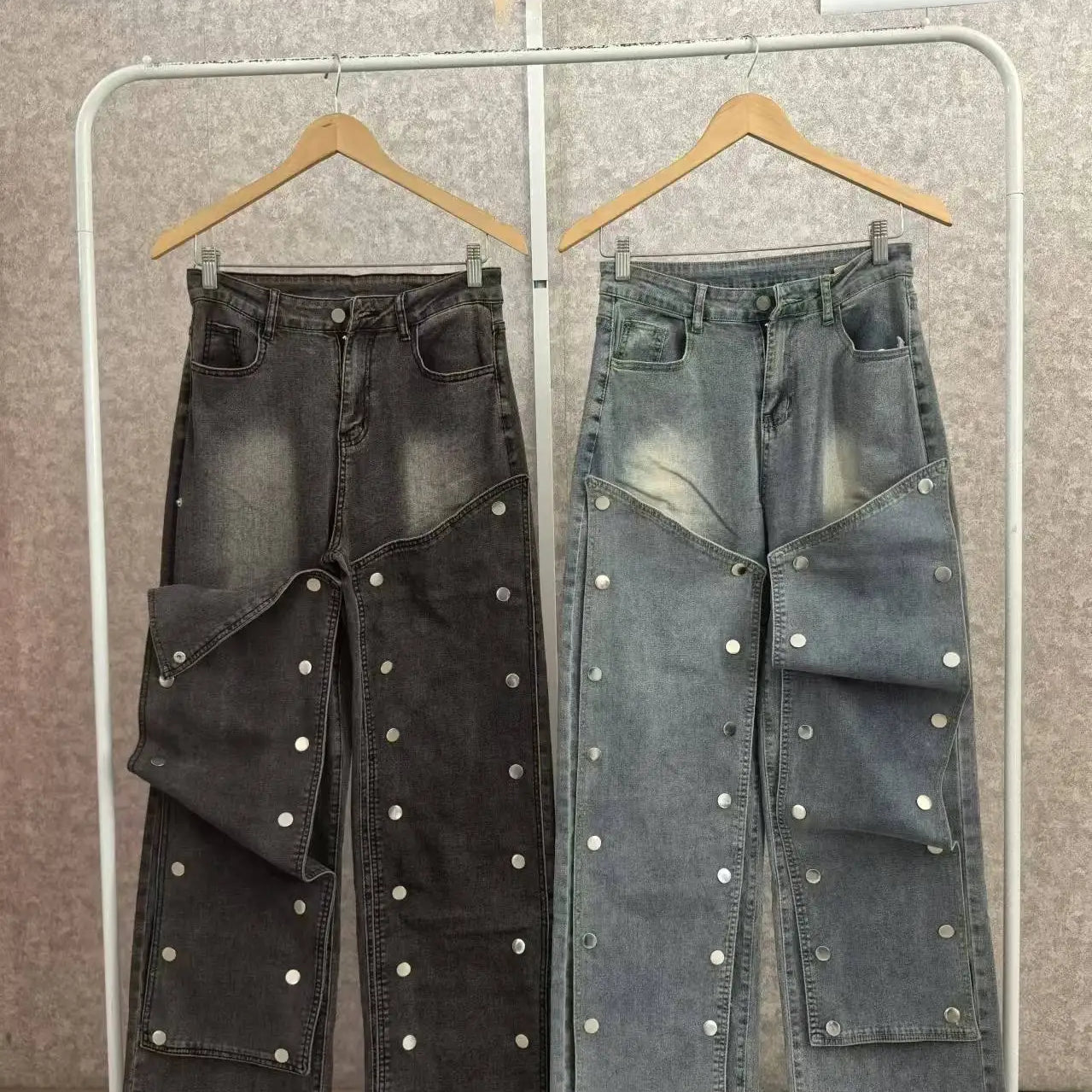 CM.YAYA Women Streetwear Button Cutout Cargo Straight Denim Wide Leg Jeans Pants 2024 INS Elastic Fashion Party Cargo Trousers