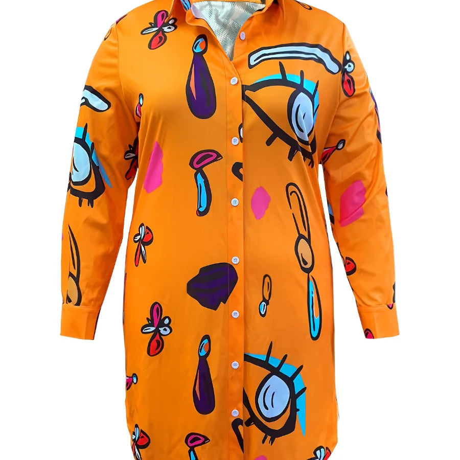 Oversize Single Breasted Button Irregular Shirt Dresses Autumn Women Turn-down Collar Boho Print Loose Mini Dress XL-5XL