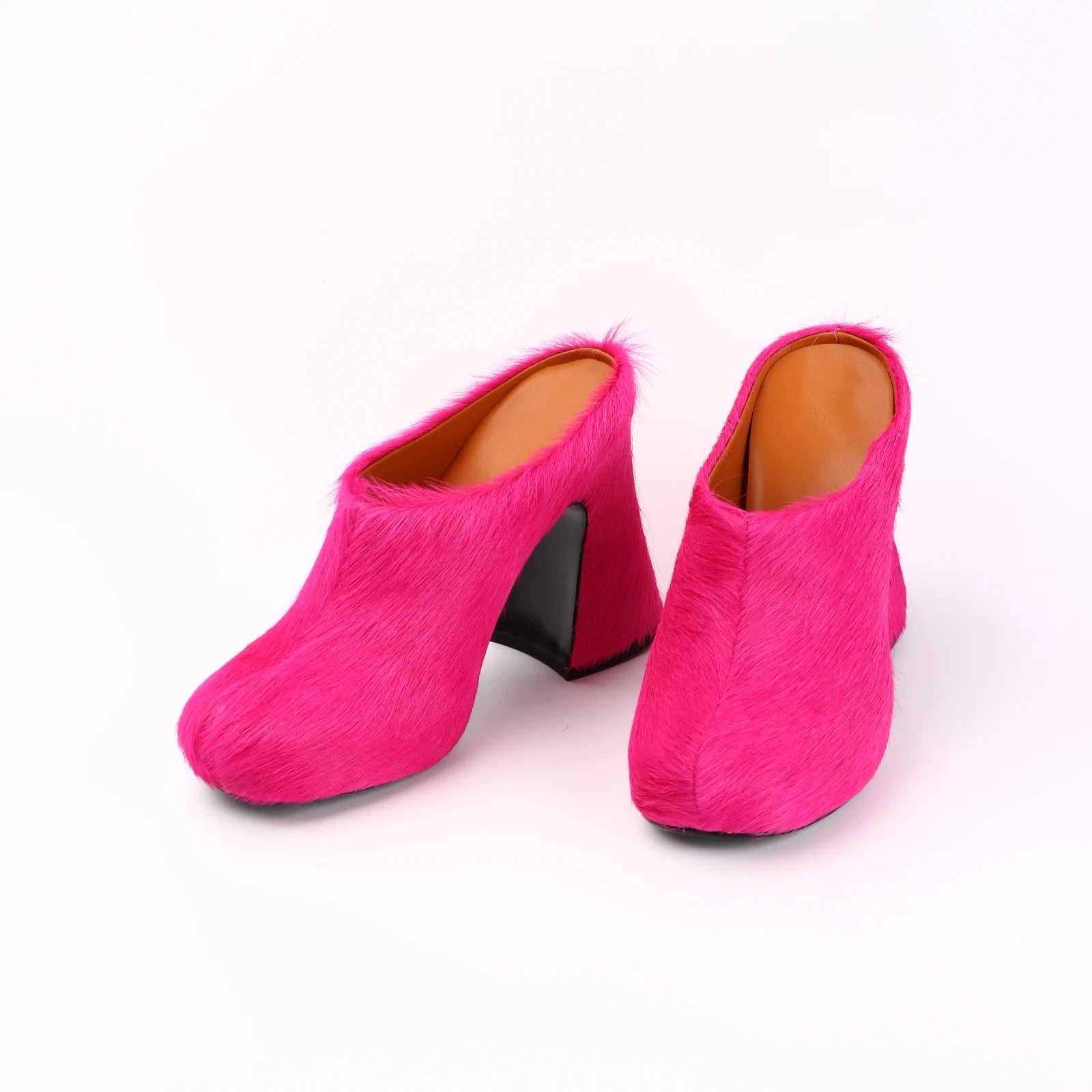 Fur Leather High Heels Women 2024 Designer Elegant Platform Women Mules Slipper Shoes For Wedding Party Dress Shoes rose red