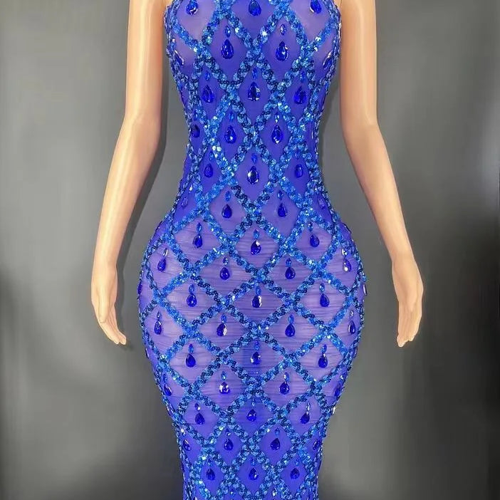 Flashing Silver Rhinestone Crystals Fringes Transparent Short Dress Birthday Celebrate Costume Evening Dancer Dress