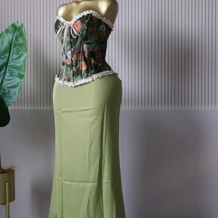 CM.YAYA Women's Dress Set Print Bow Corset Top and Maxi Long Skirt Suit 2025 Summer Elegant Evening Two 2 Piece Set Outfits