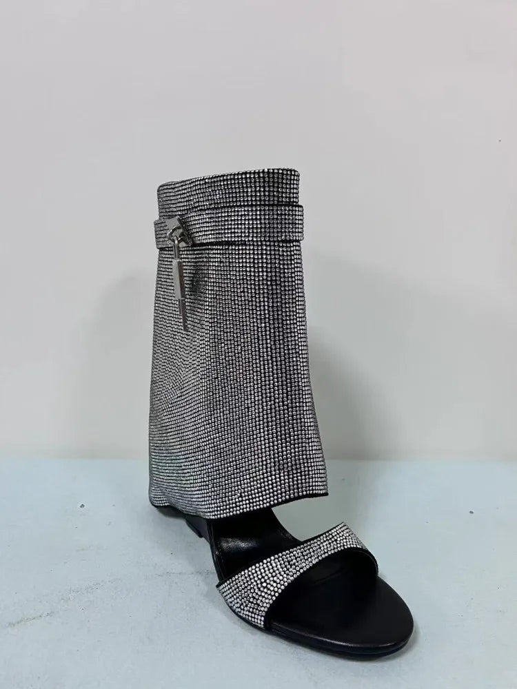 Summer New Rhinestone Cool Boots Fashion Square Head Side Zipper Open-toe Women's Short Boots Fashion Show Sexy Leg Boots black