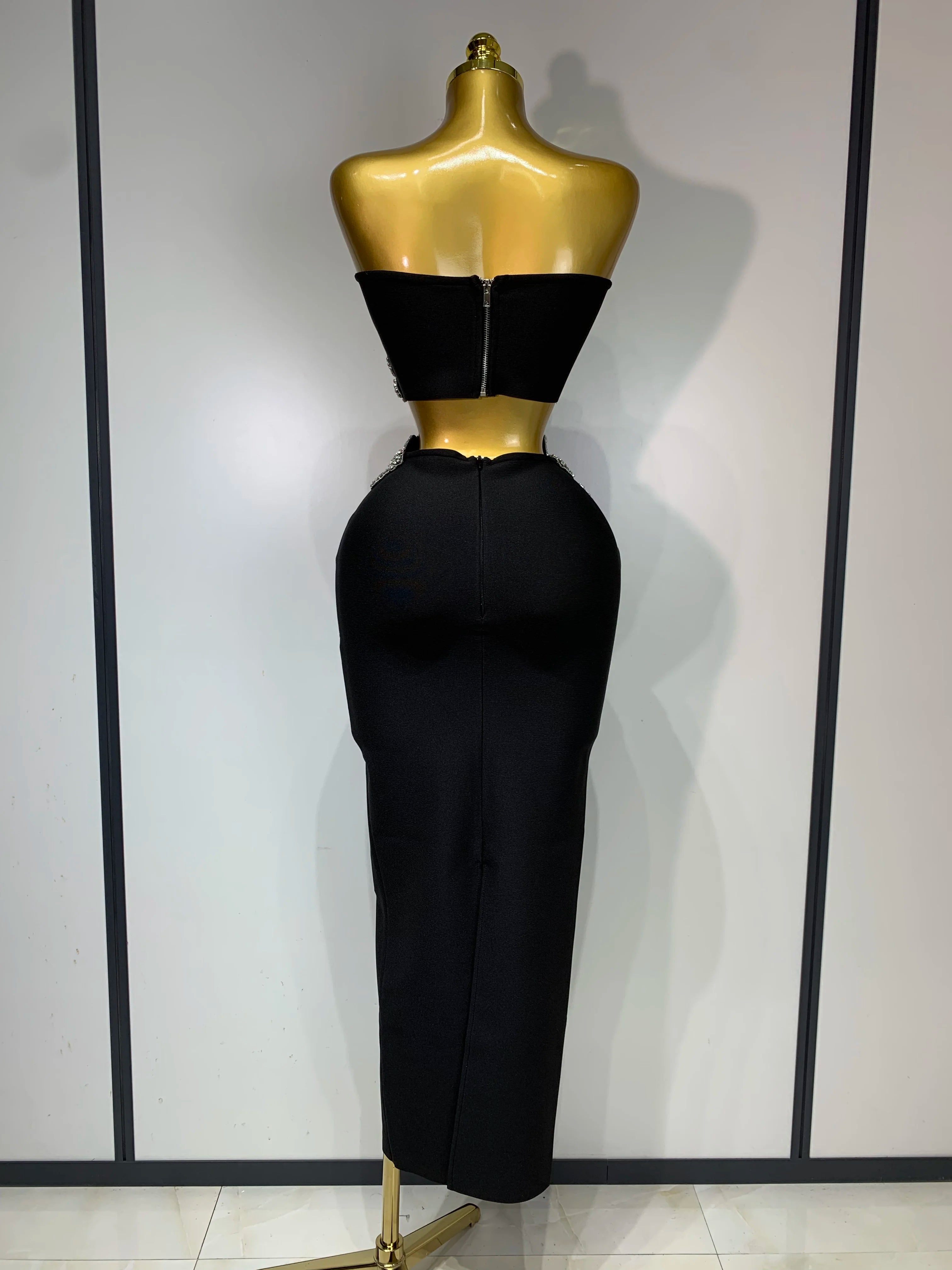 Women Sexy Strapless Flower Diamonds Black Maxi Long Bandage Two Piece Set 2025 Knitted Elegant Evening Club Party Prom Gowns