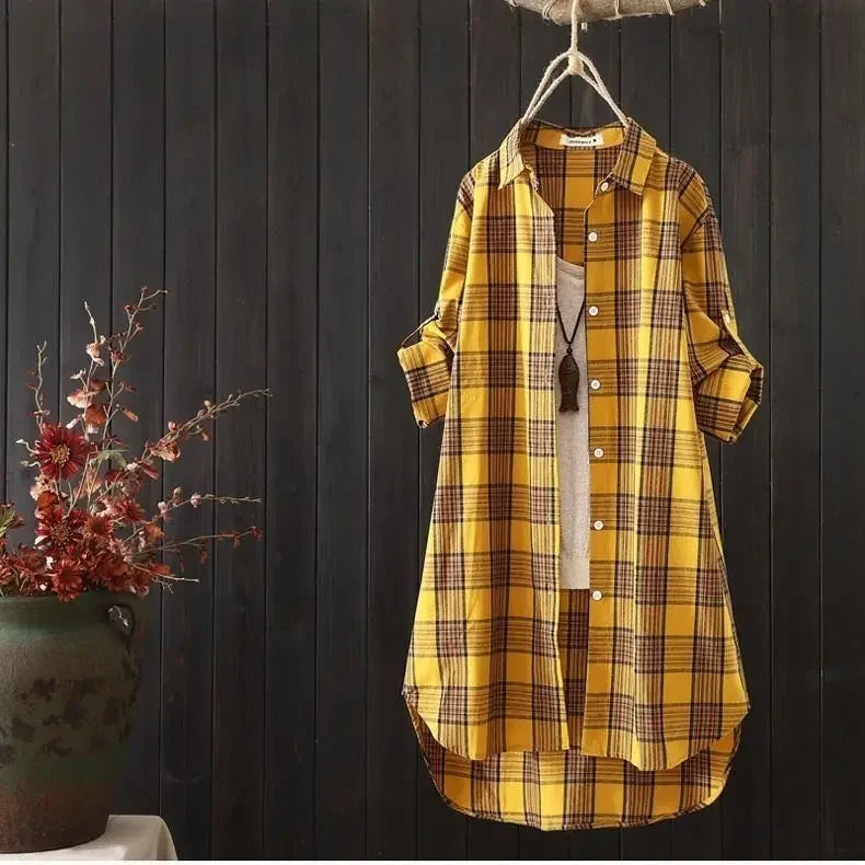 Plaid Medium Long Blouses Casual Style Loose Shirts Female Summer Beach Sunscreen Blouses Fashion Korean Style Female Blouses Yellow
