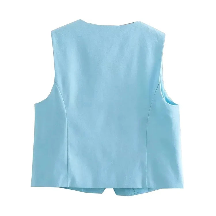 Women Blue Pants 2 Pieces Sets Fashion Linen Vest Tops+Straight Pants Office Suit Vintage Woman Two Pieces Outfit