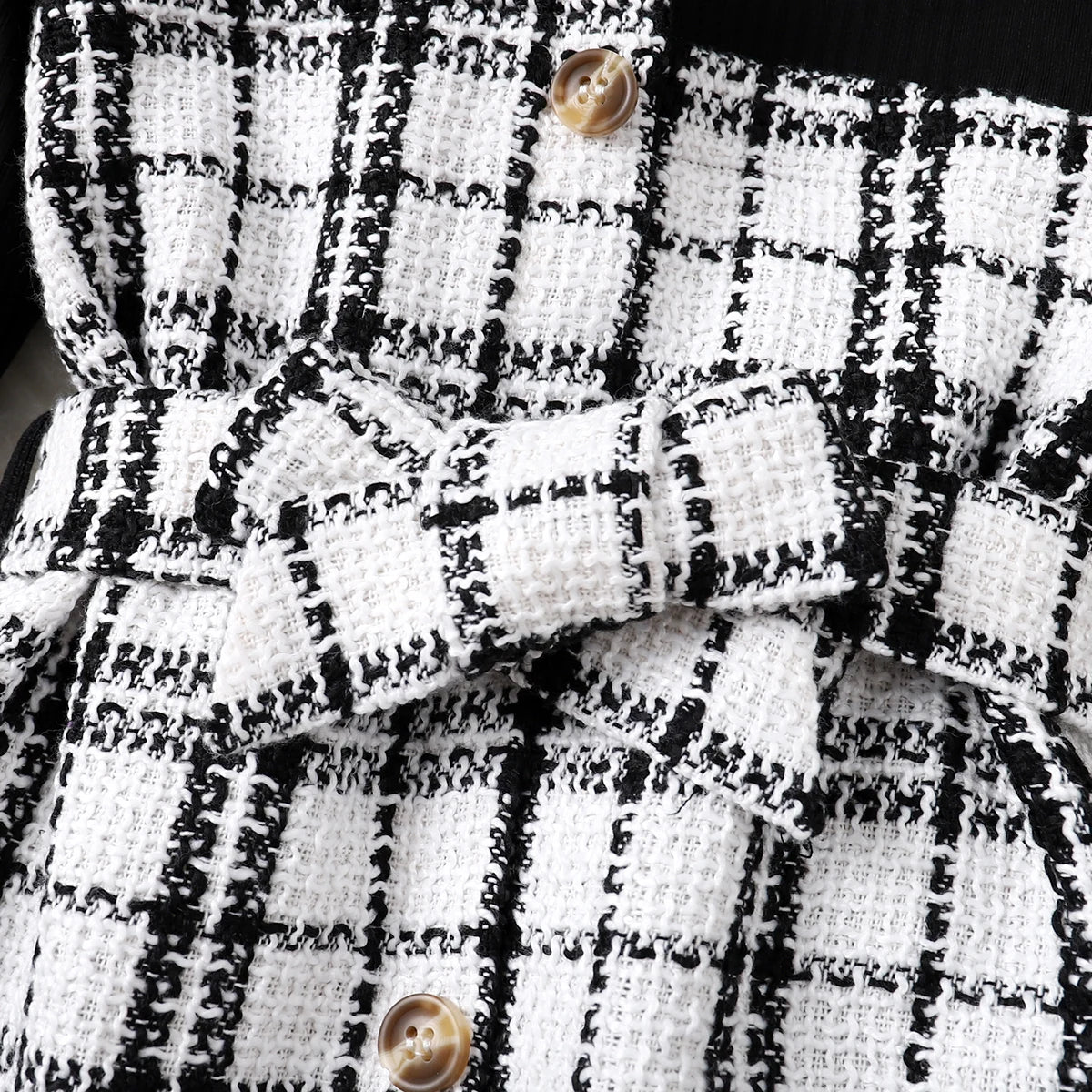Dress for Girl Kid Girl Plaid Tweed Splice Button Design Irregular Hem Long-sleeve Girl Dresses for 5-12 Y