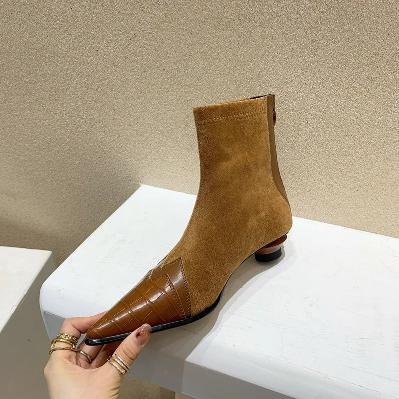Women Ankle Boots Fashion Pointed Toe Short Booties Ladies Elegant Low Heel Shoes Spring Autumn Comfort Women's Footwear Brown