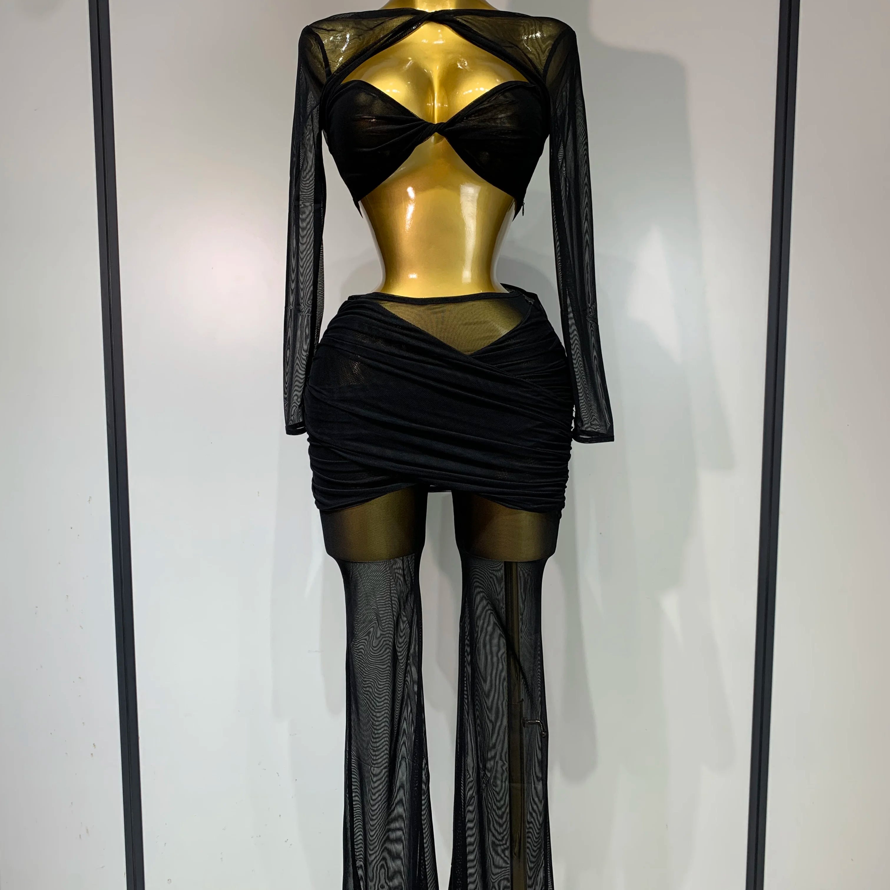 Women Sexy Mesh See Through Long sleeves Pant Sets Elegant Fashion Street Two Piece Set  Club Birthday Evening Party Outfit