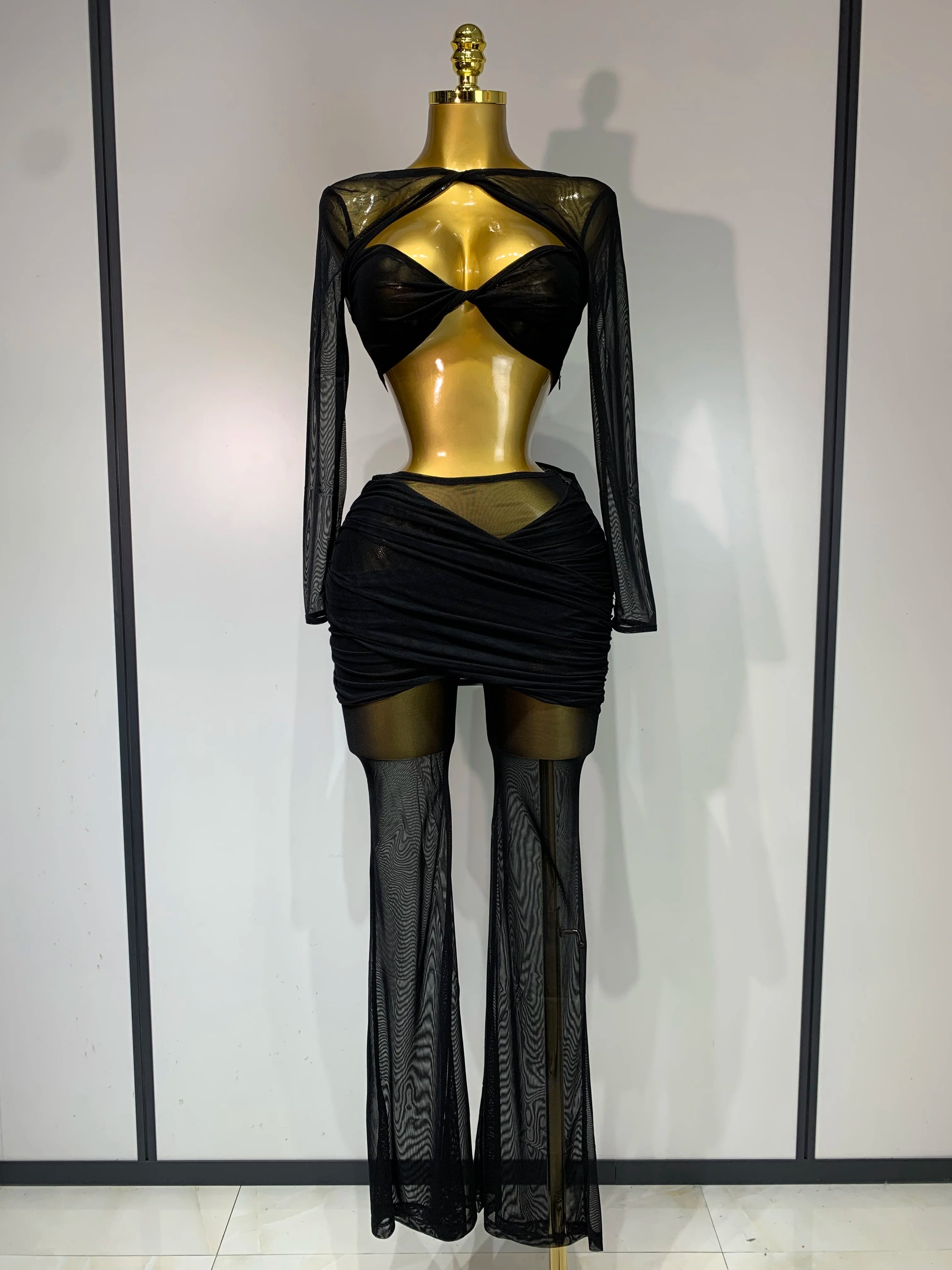 Women Sexy Mesh See Through Long sleeves Pant Sets Elegant Fashion Street Two Piece Set  Club Birthday Evening Party Outfit