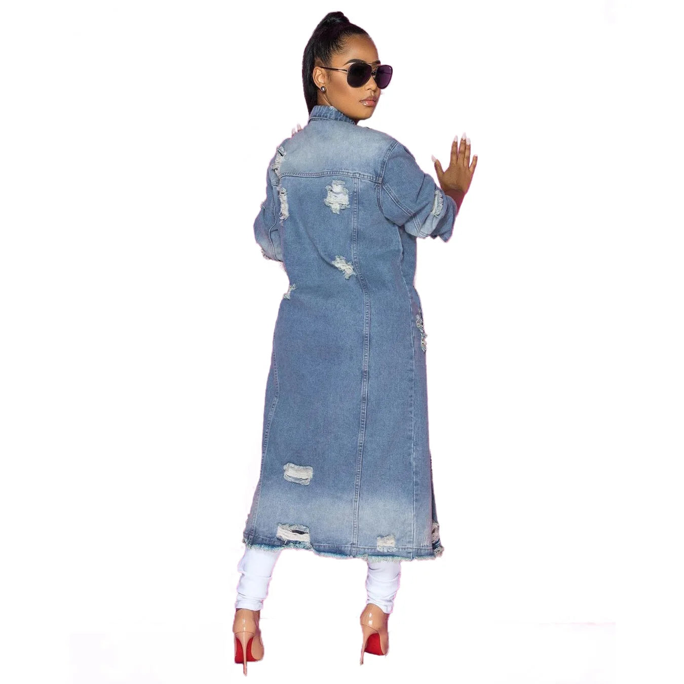 European and American Fashion Women's Wear with Holes Long Sleeved Denim Trench Coat Cardigan Denim Cape